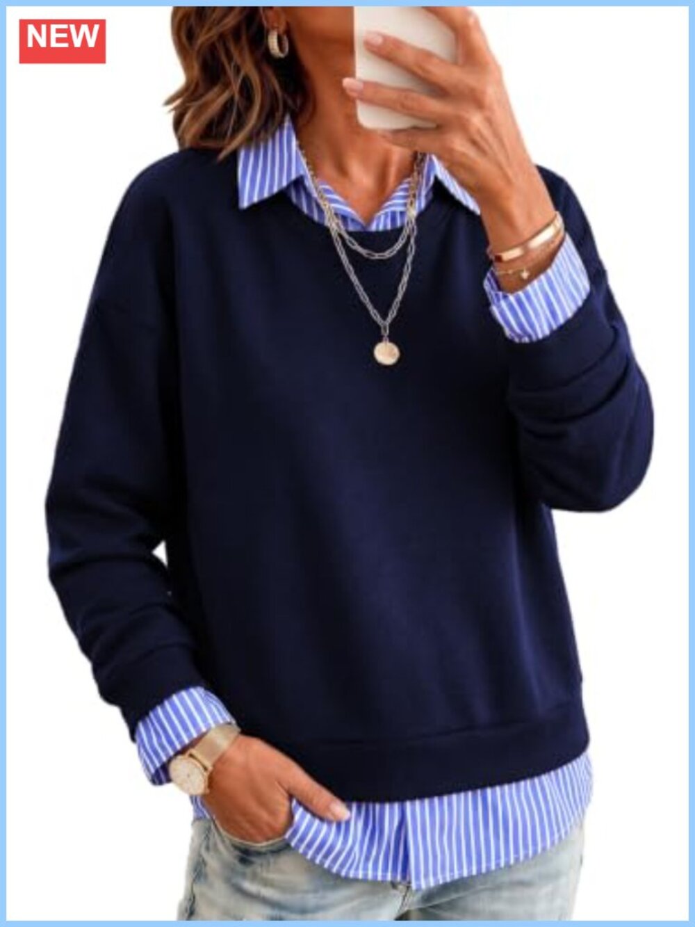 Women's 2-in-1 Striped Patchwork Collar Sweatshirt Business Casual Pullover